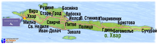Положение отеля Adriana Marina & Spa на карте острова Хвар