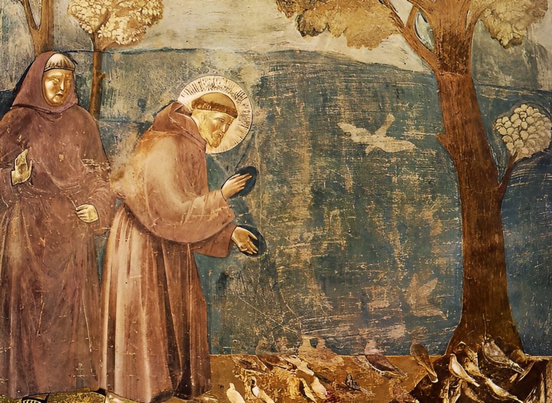 Святой Франциск Ассизский проповедует птицам. Джотто, фреска францисканского цикла в нижнем ярусе нефа