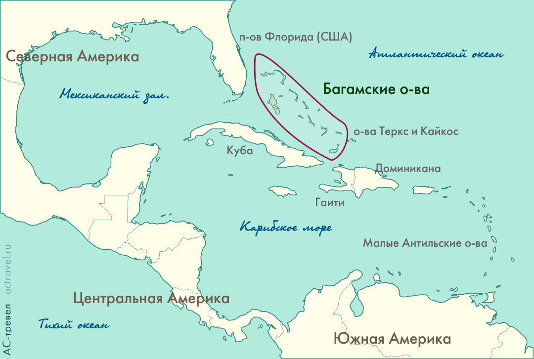 Расположения Багамских островов на карте мира