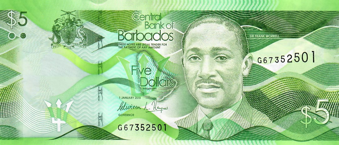 Банкнота Барбадоса достоинством в 5 долларов