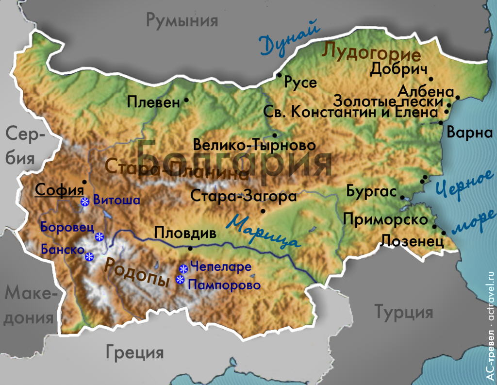 Расположение основных горнолыжных курортов на карте Болгарии