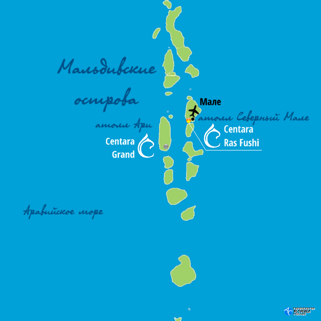 Положение отеля Centara Ras Fushi на карте Мальдивских островов