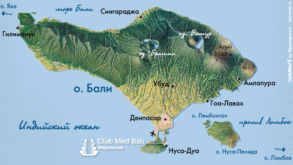 Расположение курорта Club Med Bali на карте острова Бали