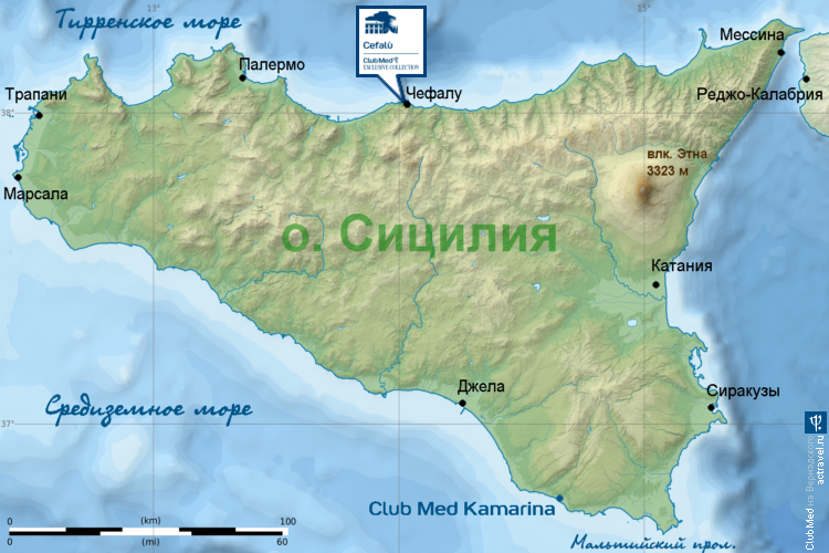 асположение городка Club Med Cefalù на карте Сицилии
