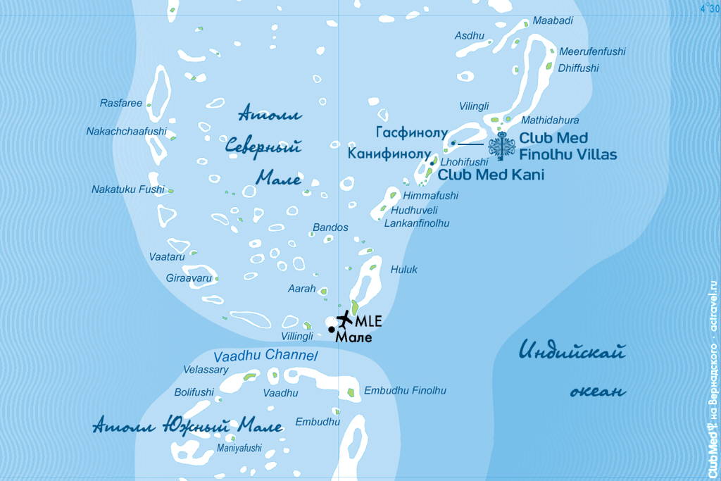 Расположение курорта Club Med Finolhu Villas на карте атоллов Мале, Мальдивские острова