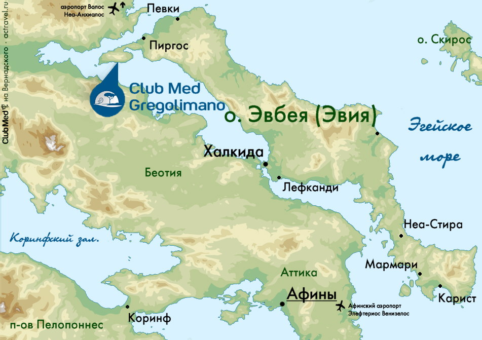 Положение городка Gregolimano на карте острова Эвбея и Греции