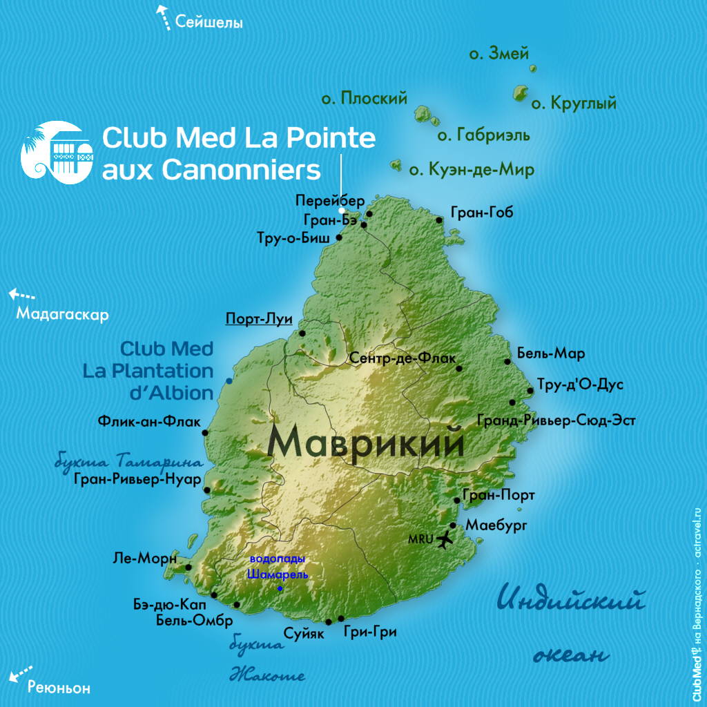 Расположение курорта Club Med La Pointe aux Canonniers на карте Маврикия