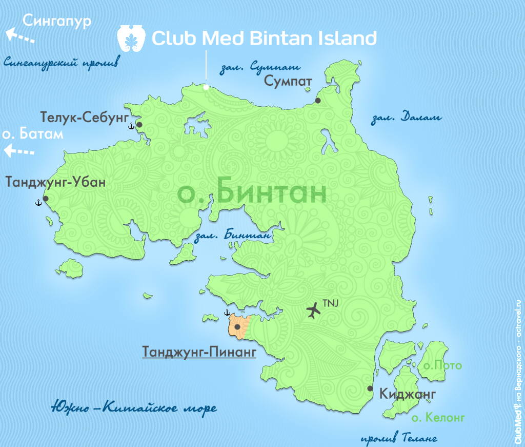 Расположение курорта Club Med Bintan Island на карте острова Бинтан