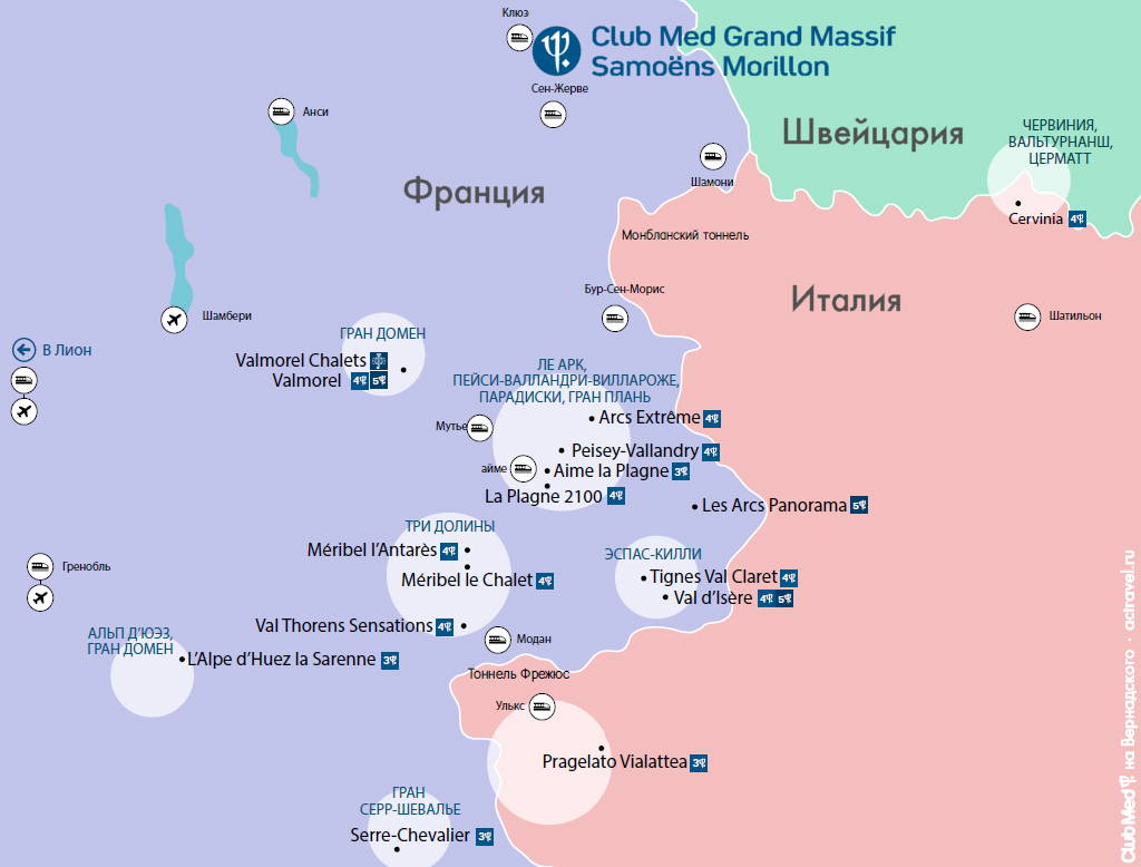 Положение городка Club Med Grand Massif Samoëns Morillon на карте альпийских горнолыжных регионов