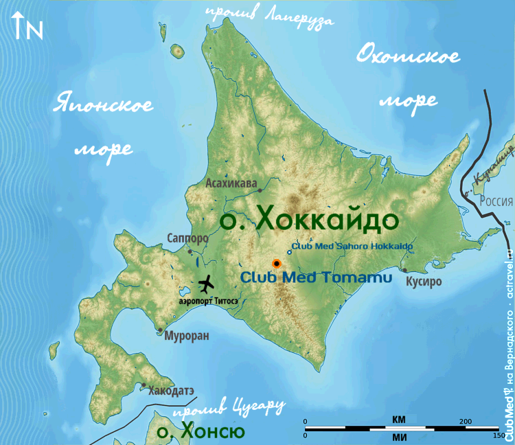 Положение Club Med Tomamu Hokkaido на карте острова Хоккайдо