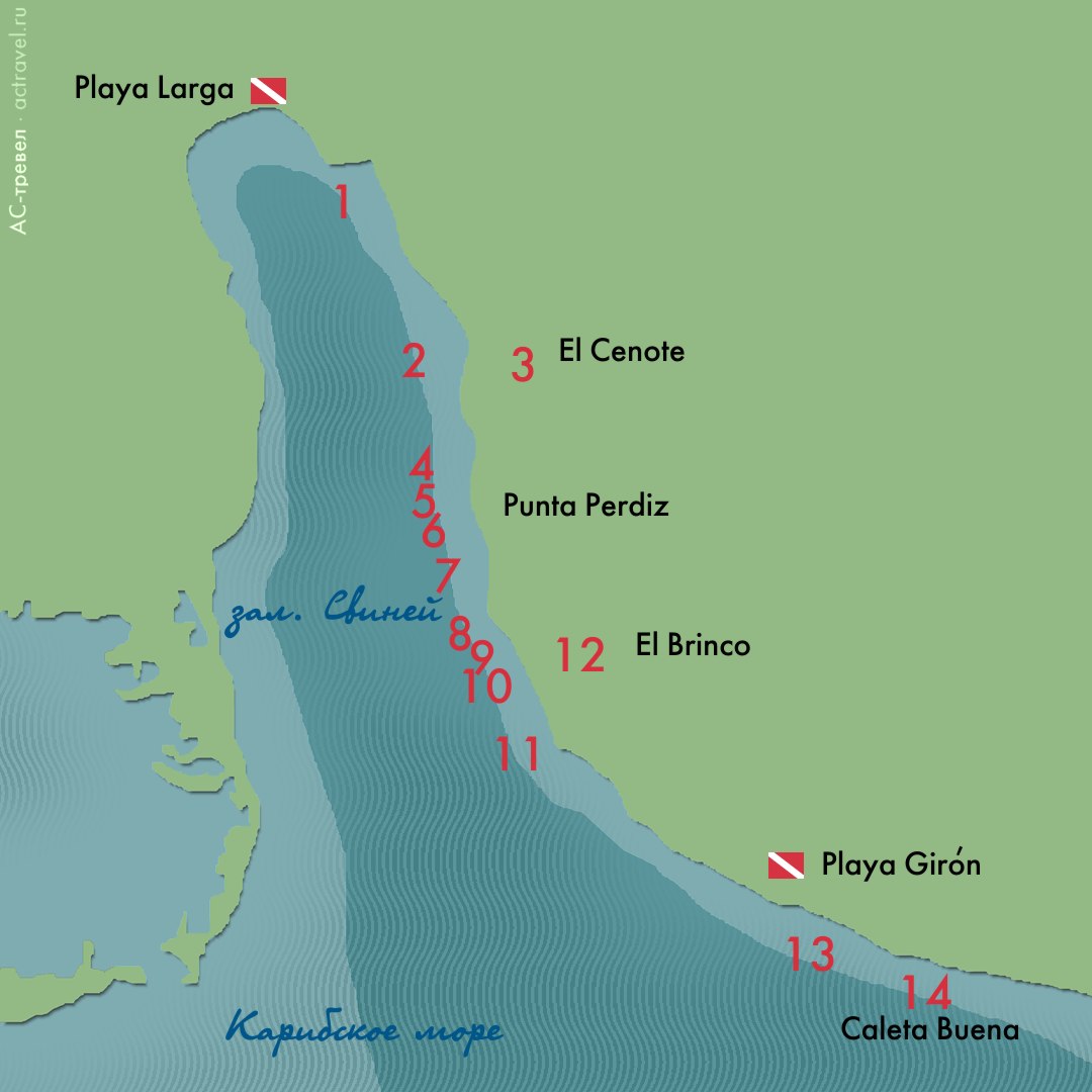 Карта дайв-сайтов залива Свиней (Куба)