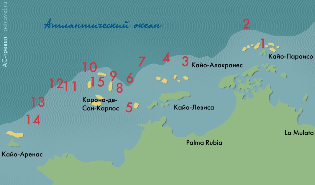 Карта дайв-сайтов Кайо-Левисы (Куба)