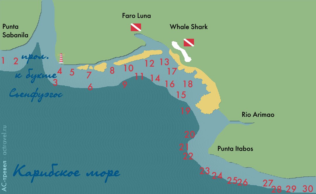 Карта дайв-сайтов Сьенфуэгоса (Куба)