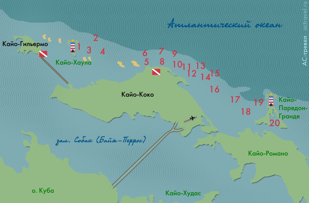 Карта дайв-сайтов островов Коко и Гильермо (Куба)