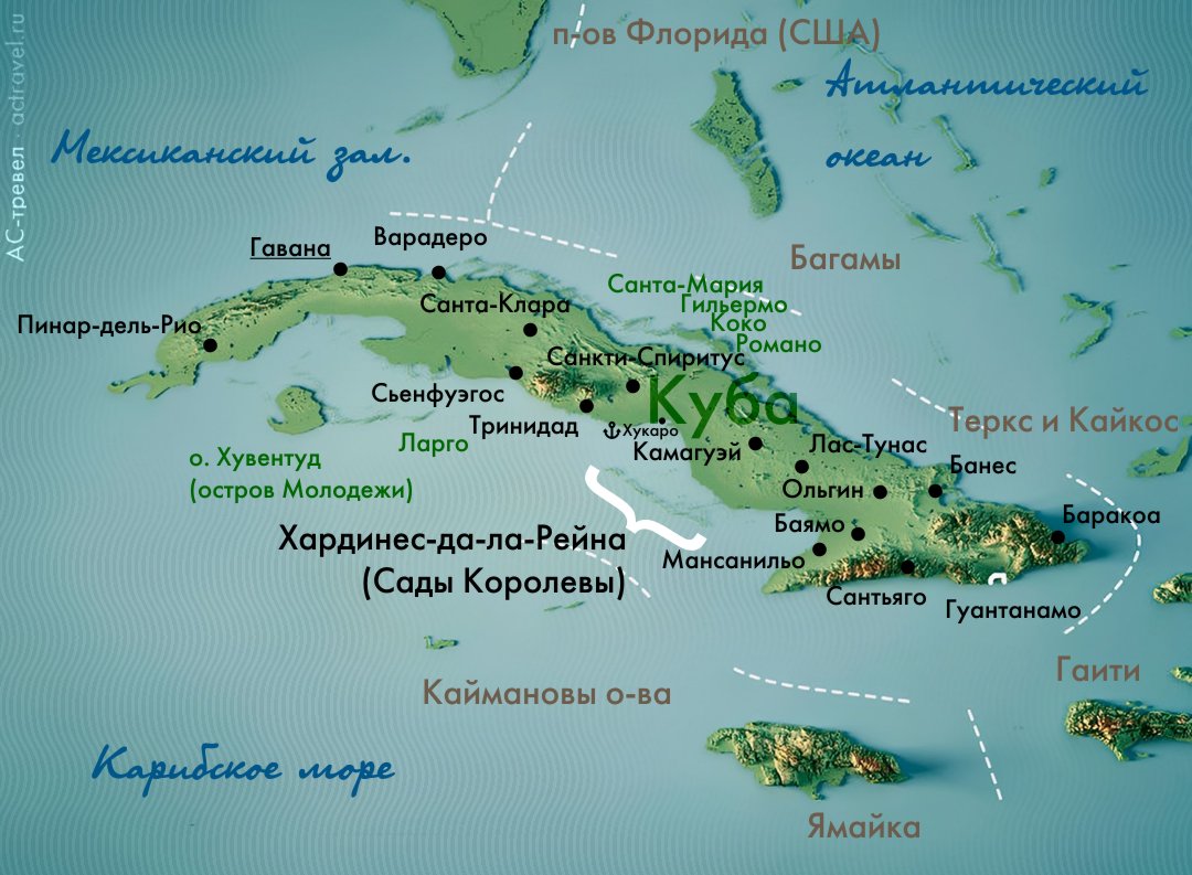Положение архипелага Сады Королевы на карте Кубы