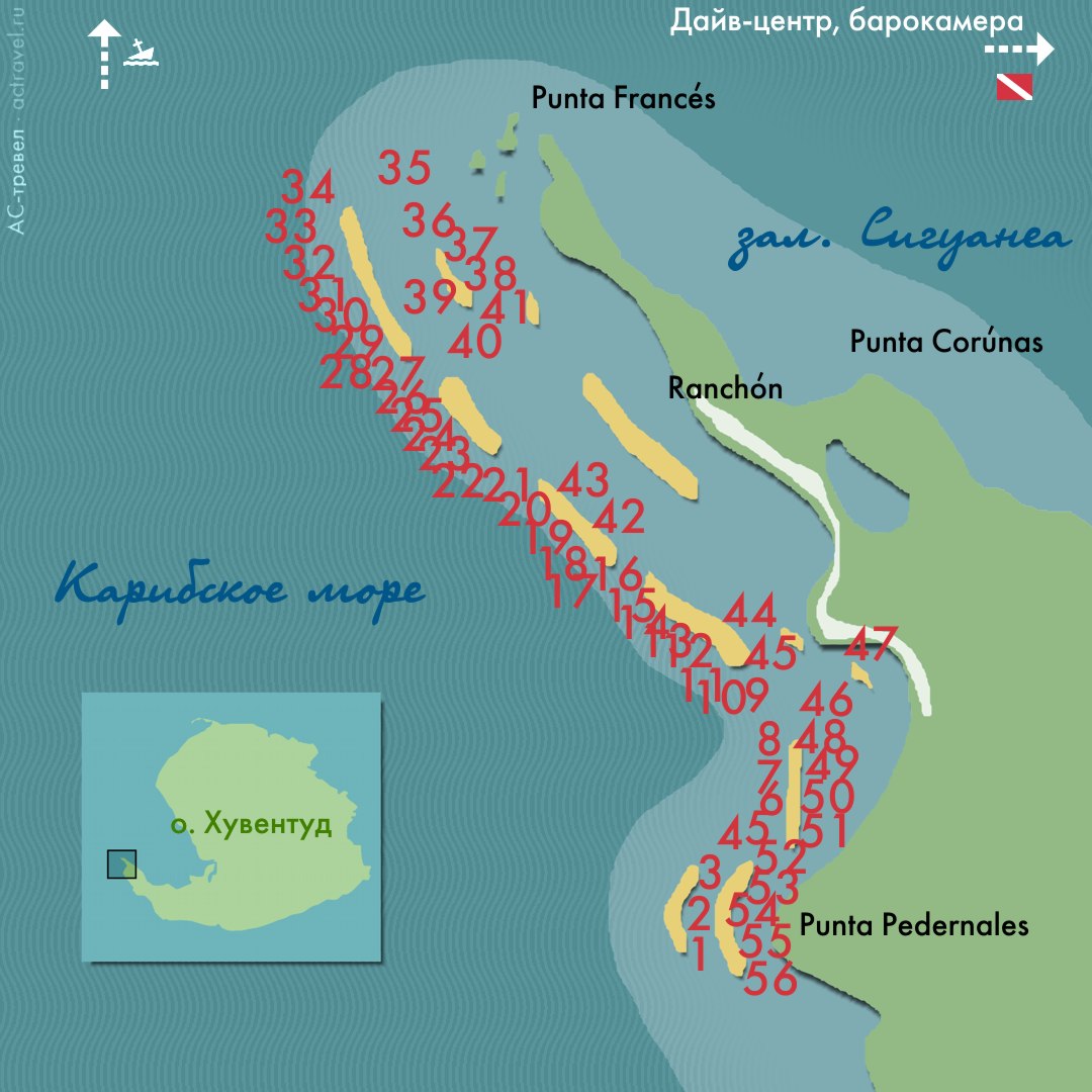 Карта дайв-сайтов острова Хувентуд (Куба)