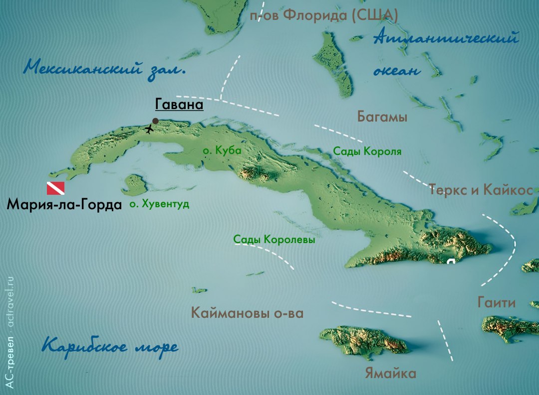Положение пляжа Мария-ла-Горда на карте Кубы