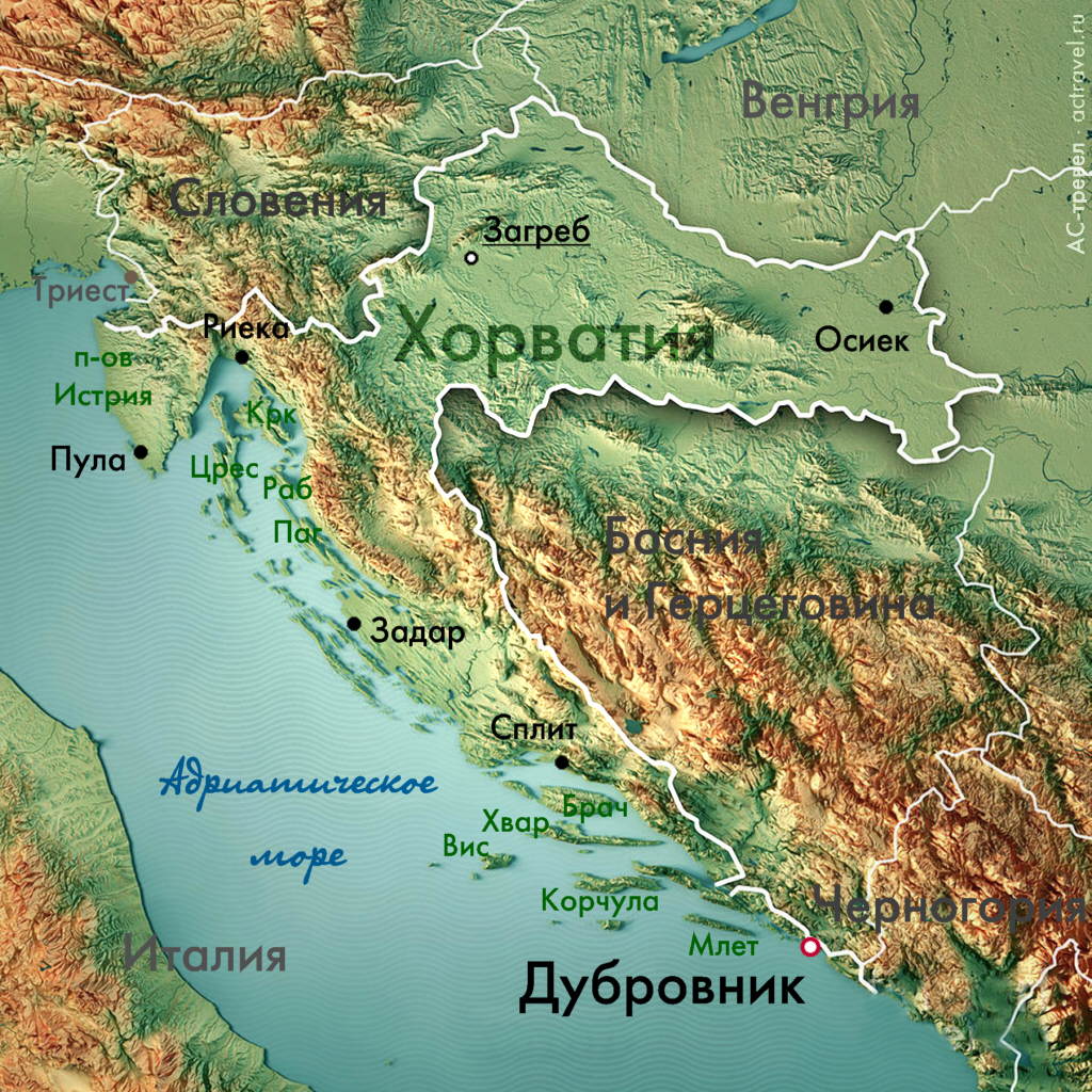 Положение Дубровника на карте Хорватии