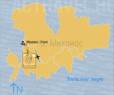 Положение отеля Элизиум (Elysium) на карте острова Миконос