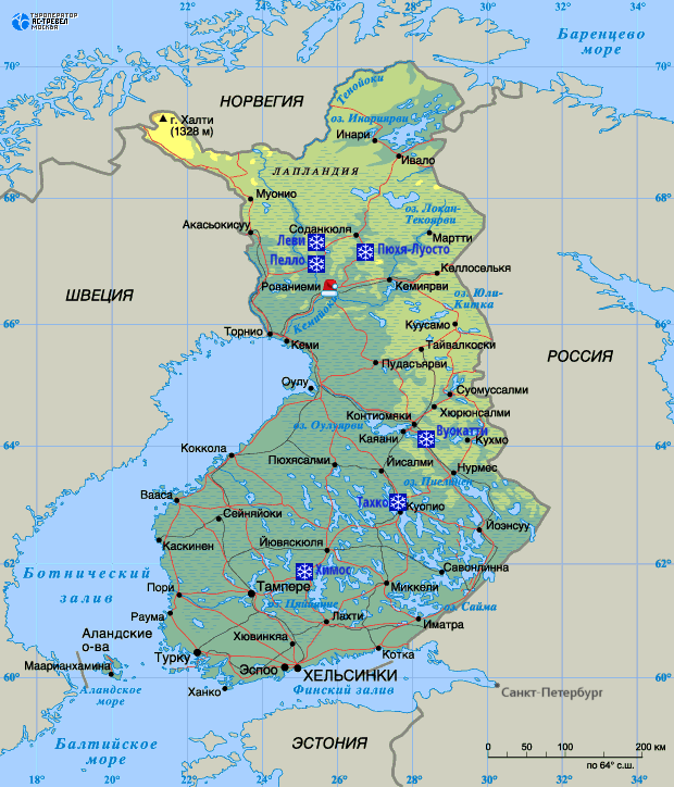 Карта основных горнолыжных курортов Финляндии
