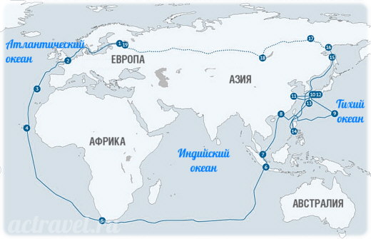 Карта путешествия Ивана Гончарова на фрегате Паллада