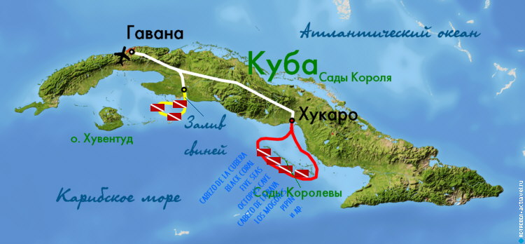 Карта основных маршрутов дайвинг-сафари Jardines Aggressor I по Кубе