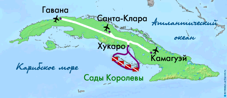 Карта основных маршрутов дайвинг-сафари Jardines Aggressor II по Кубе