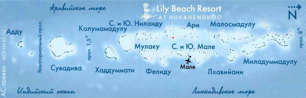 Положение отеля Lily Beach на карте Мальдивских островов