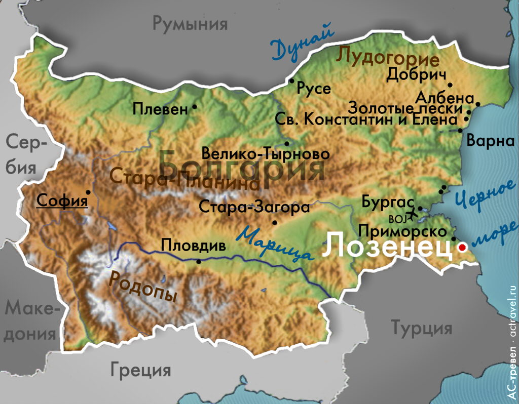 Расположение курорта Лозенец на карте Болгарии