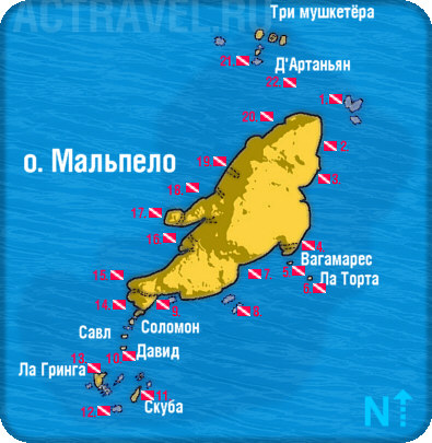 Карта дайв-сайтов острова Мальпело