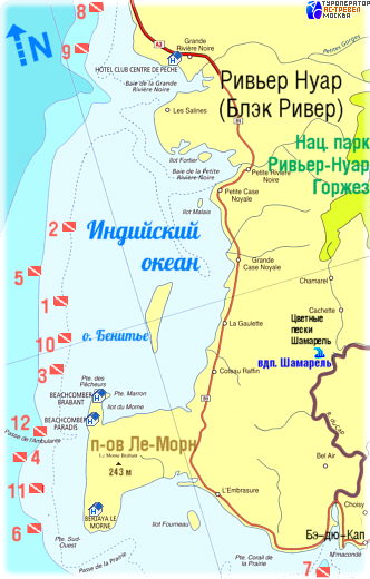 Карта дайв-сайтов Юго-Запада Маврикия
