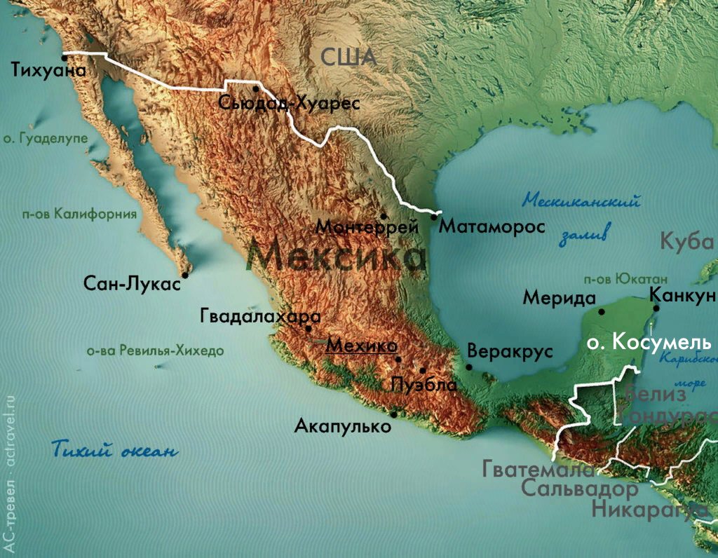 Положение оскрова Косумель на карте Мексики