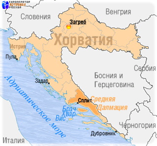 Положение Средней Далмации на карте Хорватии