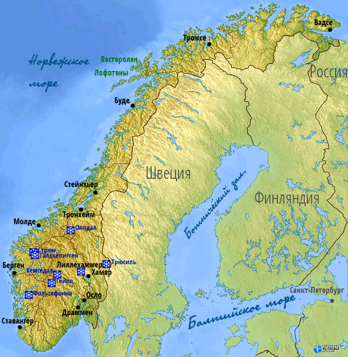 Карта основных горнолыжных курортов Норвегии