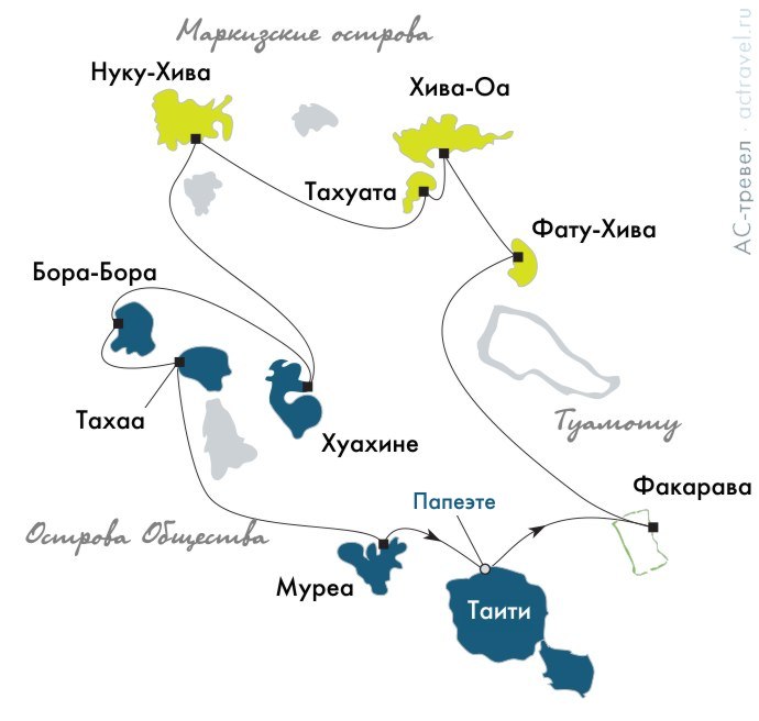 Карта круиза Маркизские острова, Туамоту и острова Общества