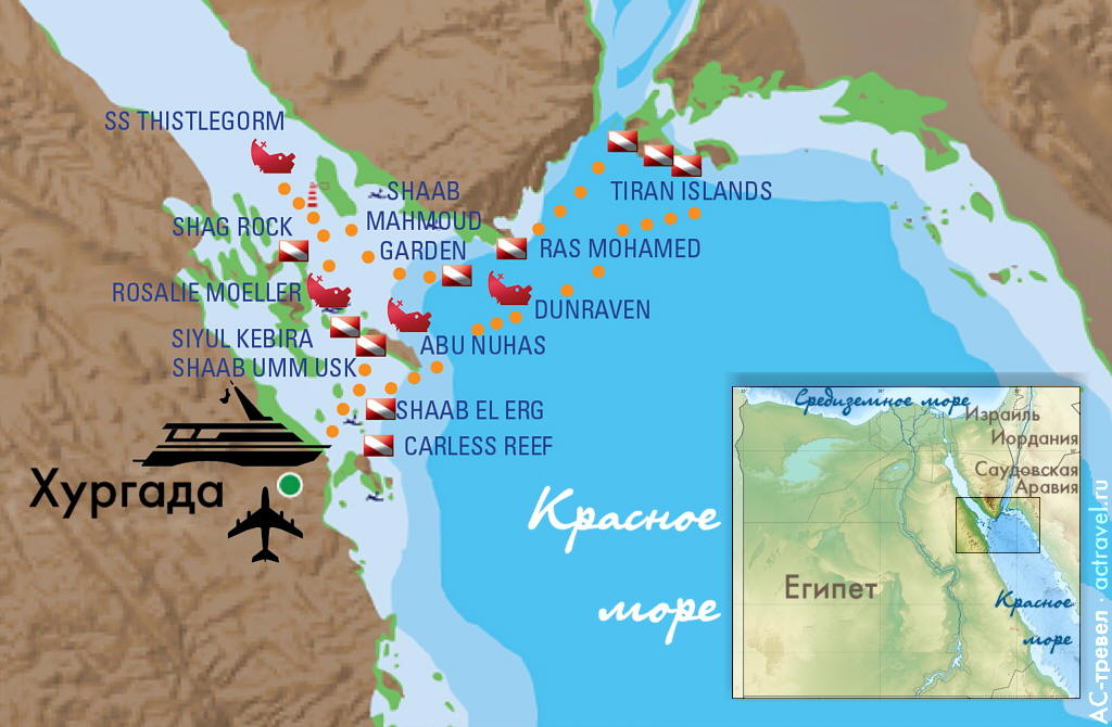 Схема маршрутов дайвинг-сафари и дайв-сайты севера Красного моря