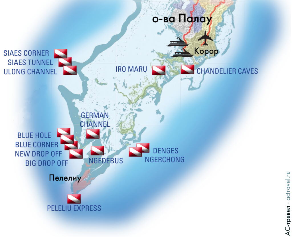 Схема маршрутов дайвинг-сафари и дайв-сайты островов Палау
