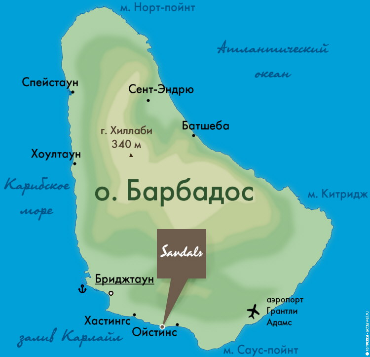Положение отеля Sandals Barbados на карте острова Барбадос