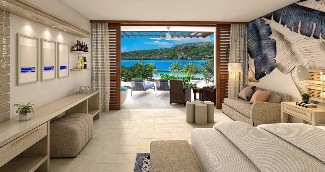  Sunchi Walkout Club Level Beachfront Room with Patio Tranquility Soaking Tub   Sandals Royal Curaçao