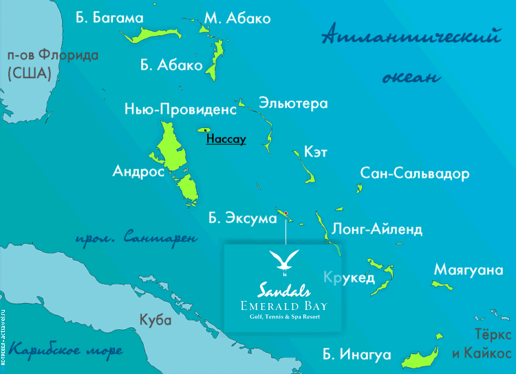Положение отеля Sandals Emerald Bay на карте Багамских островов