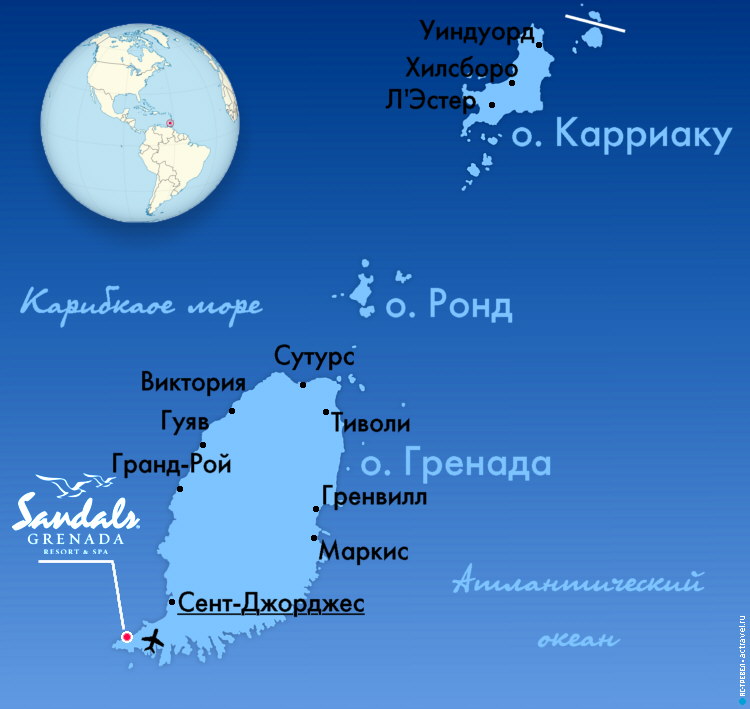 Положение отеля Sandals Grenada на карте острова Гренада