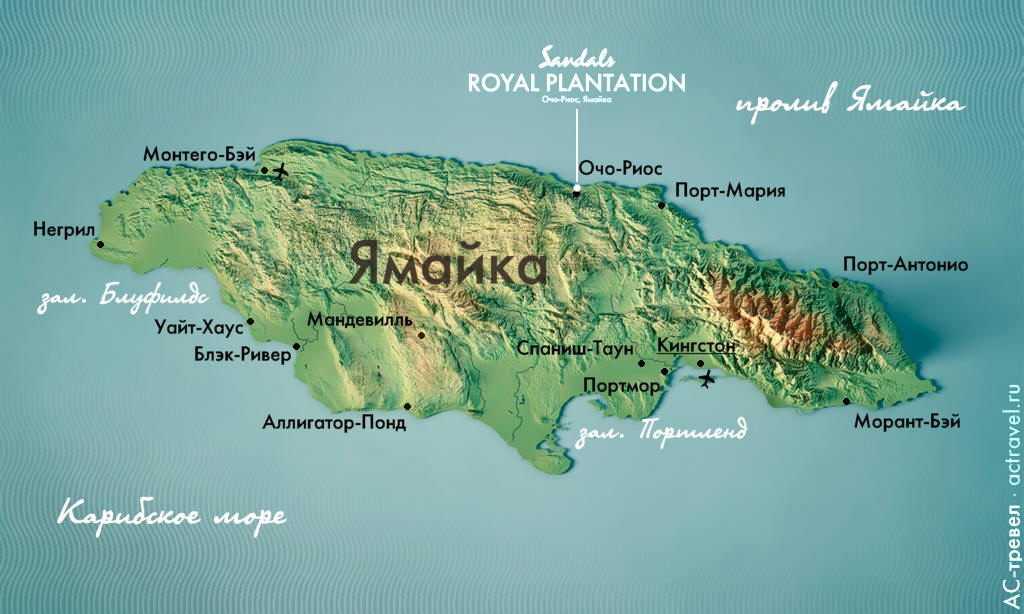 Положение отеля Sandals Royal Plantation на карте острова Ямайка