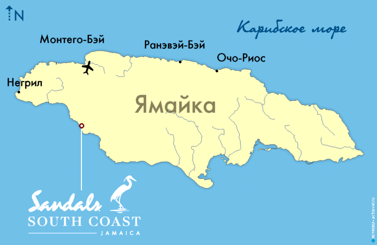 Положение отеля Sandals South Coast на карте Ямайки