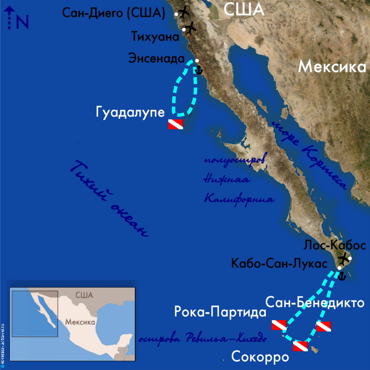 Карта погружений с яхты Socorro Aggressor
