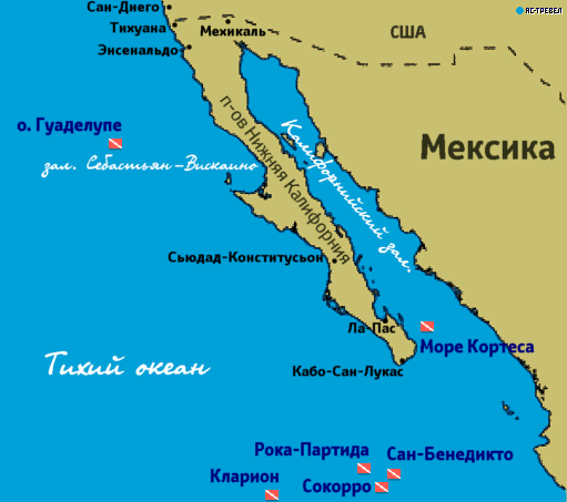 Карта направлений дайверского судна Solmar V: остров Сокорро, Море Кортеса, о. Гуаделупе и т. д.