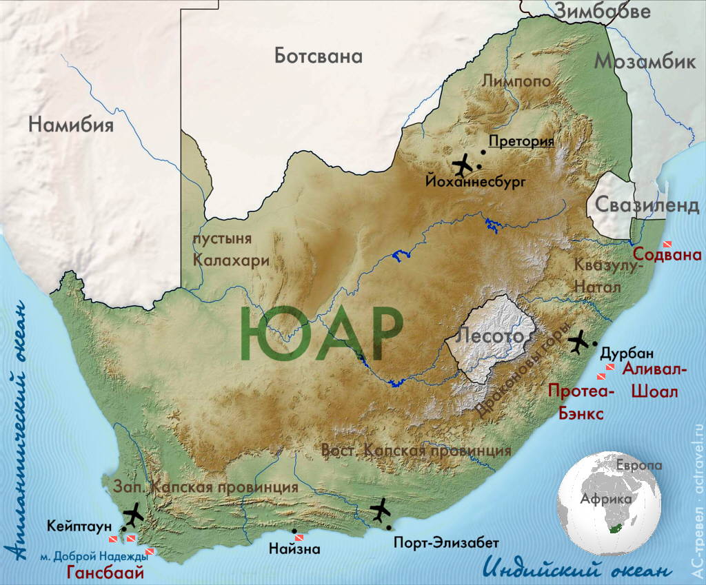 Карта дайв-сайтов ЮАР