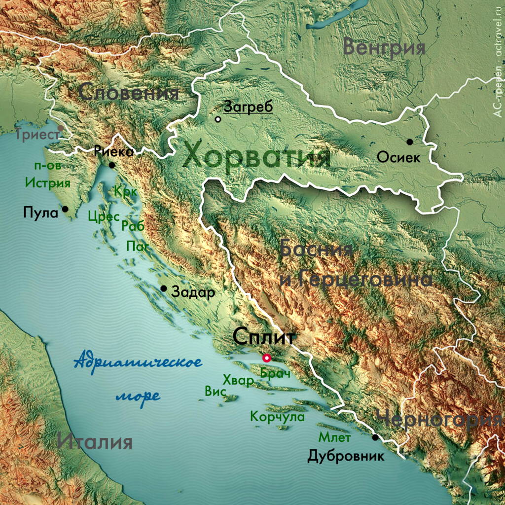 Положение Сплита на карте Хорватии