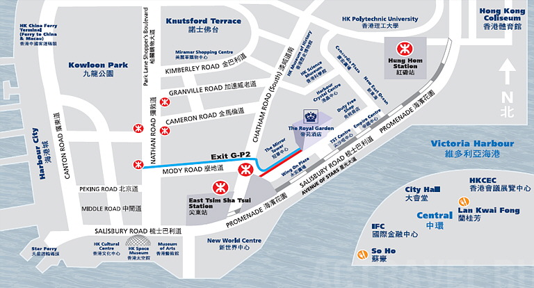 Положение отеля The Royal Garden на карте Гонконга