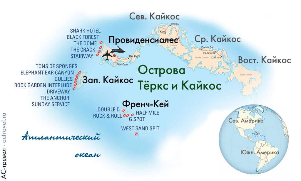 Карта маршрута яхты Turks & Caicos Aggressor II по островам Тёркс и Кайкос