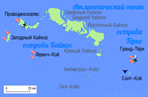 Карта основных дайв-сайтов островов Тёркс и Кайкос